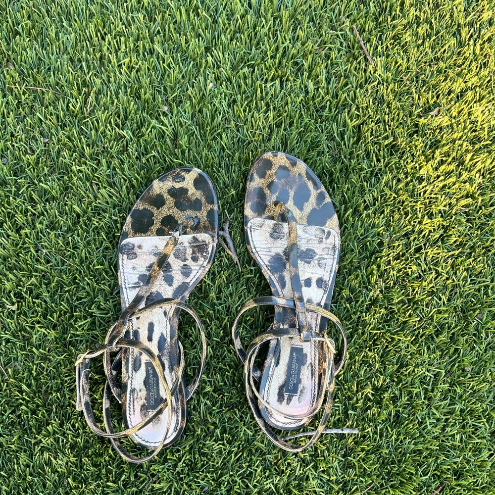 Dolce & Gabbana Leopard Print Strappy Sandals in Black and Gold